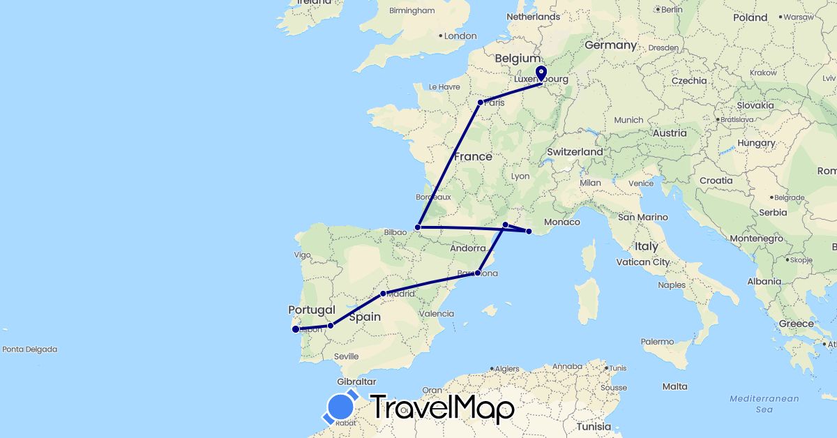 TravelMap itinerary: driving in Spain, France, Luxembourg, Portugal (Europe)